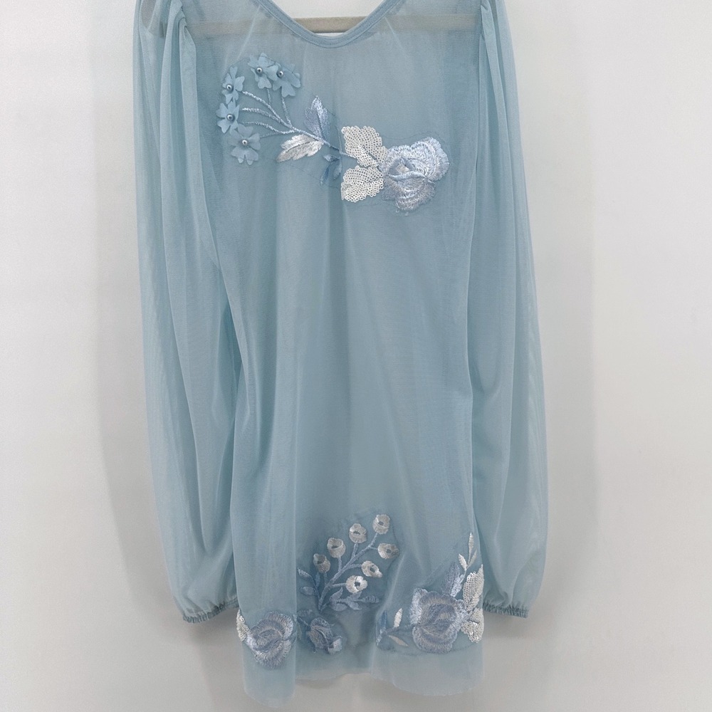 Girls Light Blue Sheer Mesh Floral Embroidered Sequin Long Sleeve Dress